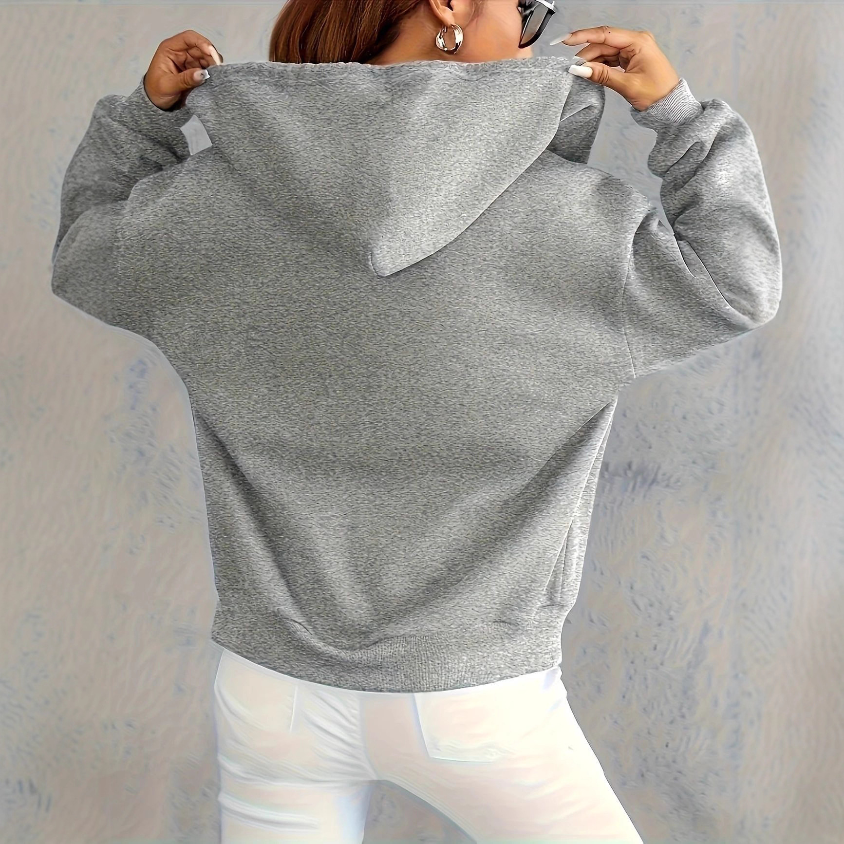 Women's Heart Print Loose Casual Hooded Sweatshirt Long Sleeved Zip Up Design European American Style Print_ecoleips.com