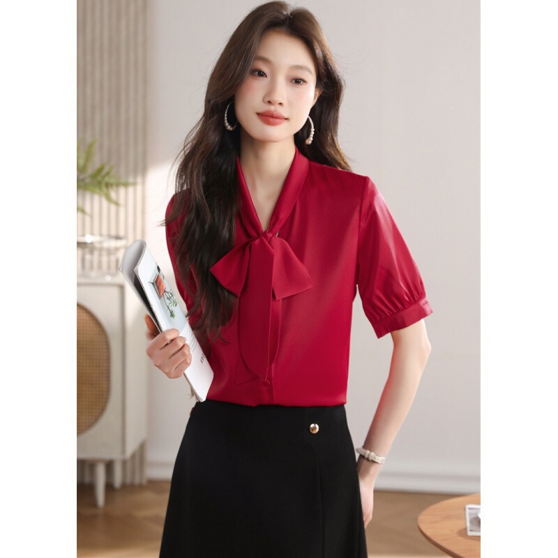 Summer 2026 New Style Satin Elegant Ol Professional Workwear Shirt with Bow Tie Silk Stylish Blouse for Women Summer 2026 New Style Satin Elegant Ol Professional Workwear Shirt with Bow Tie Silk Stylish Blouse for Women