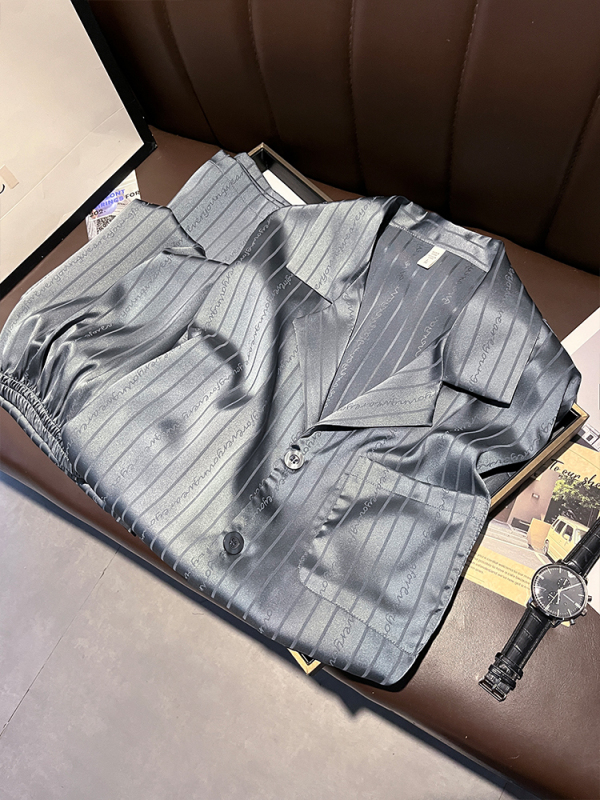 夏季真丝睡衣男士短袖长裤薄款桑蚕丝纯色条纹简约家居服套装薄款|undefined