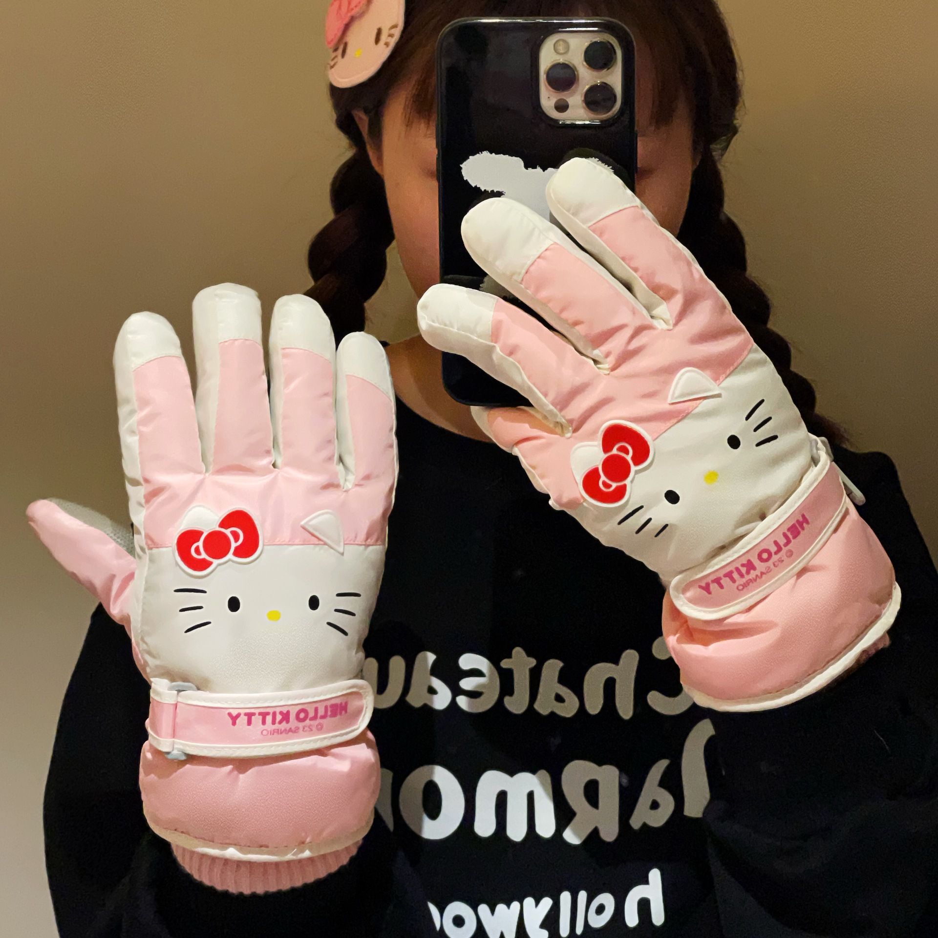 Guantes de esquí auténticos de invierno para mujeres gruesas hellokitty conducir guantes de algodón caliente pantalla táctil