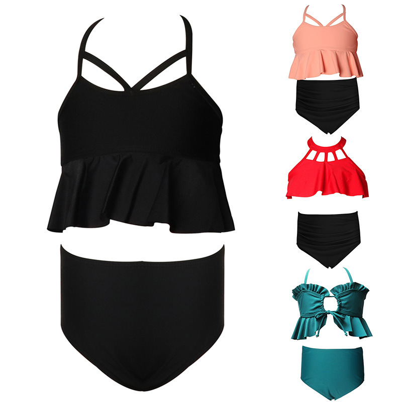 2026 New Girls Swimsuit Cross-Border Amazon Split Swimsuit Nylon Solid Color Bikini Spot Wholesale