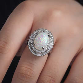 蓝菁 亚马逊wish新款大颗澳宝戒指 铜镀银满镶锆石人造Opal首饰品