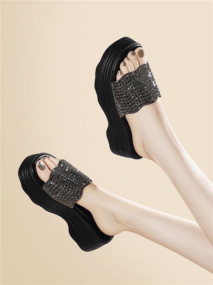 Sandal nữ đế dày đính đá lấp lánh phong cách thời trang — 6075 Màu be, 6075 Da đen chi tiết 4