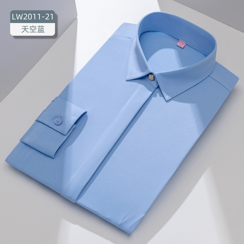 Camisa de negocios de manga larga, color liso, elástica, corte ajustado, ropa de trabajo blanca, ropa formal, ropa profesional, camisa elegante de fibra de bambú para mujer. image 9