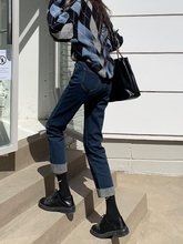 高腰卷边直筒牛仔裤女九分裤深蓝色2025年秋冬新款百搭加绒烟管裤