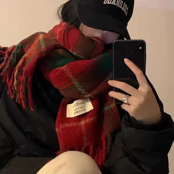 New Year Festive Red Plaid Scarf for Women, Autumn and Winter Korean Style Atmospheric Shawl, Warm Scarf for Students and Couples, Men's Neck Warmer