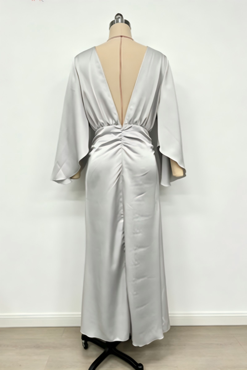 Elegant Backless Pleated Long Dress For Women American Style Slim Fit With Pockets New In Stock_ecoleips.com