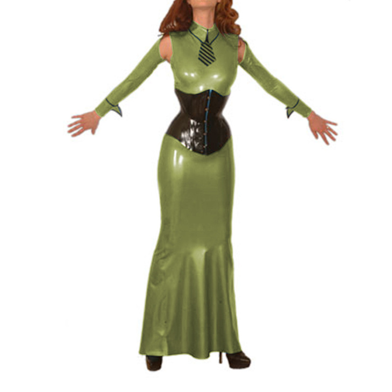 Glossy Pvc Preppy Style Belted Long Dress, Off-Shoulder Long Sleeve Tie Cosplay Party Dress Glossy Pvc Preppy Style Belted Long Dress, Off-Shoulder Long Sleeve Tie Cosplay Party Dress