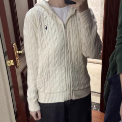 高品质RL拉夫连帽双拉链麻花毛衣外套秋冬慵懒风宽松绞花针织衫