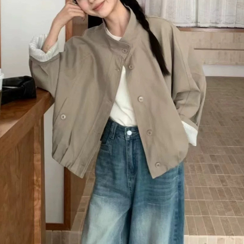欧货英伦风立领夹克外套女2025新款宽松休闲内里条纹短款风衣上衣|undefined