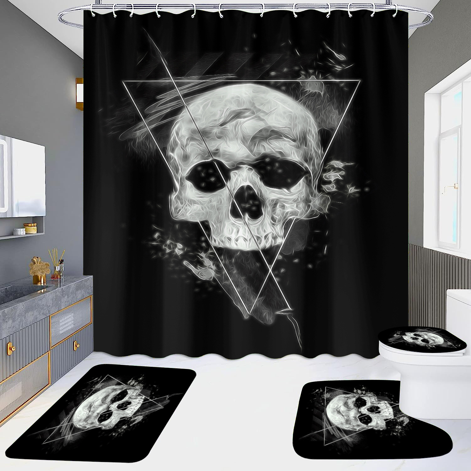 Cortina de ducha de suministro directo transfronterizo conjunto de cuatro piezas hd impermeable sin perforaciones baño hotel baño partición cortina wansheng cráneo