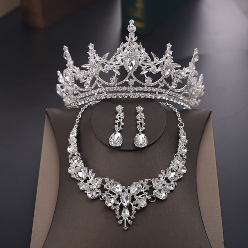 Cross-border luxury bridal jewelry three-piece set wedding crown tiara necklace earrings set wedding dress accessories