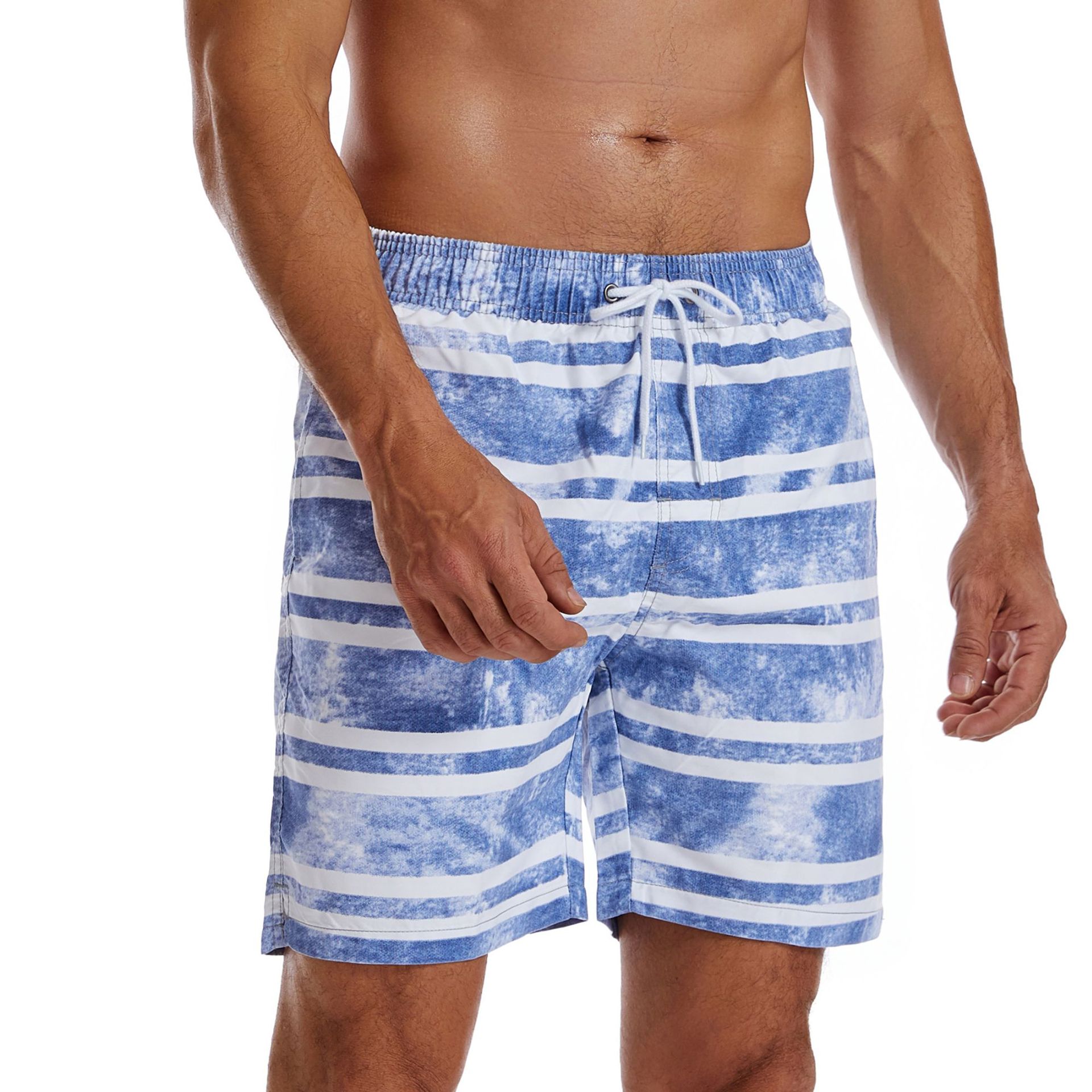 Sneldrogende strandgestreepte zwembroek met print, gewassen stof, grote vrijetijdsshort voor heren_voghion.com