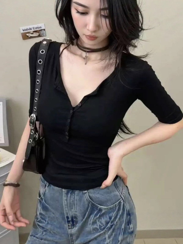 2025美式辣妹v领短袖T恤女装新款秋季纯欲风收腰修身显瘦内搭上衣|undefined