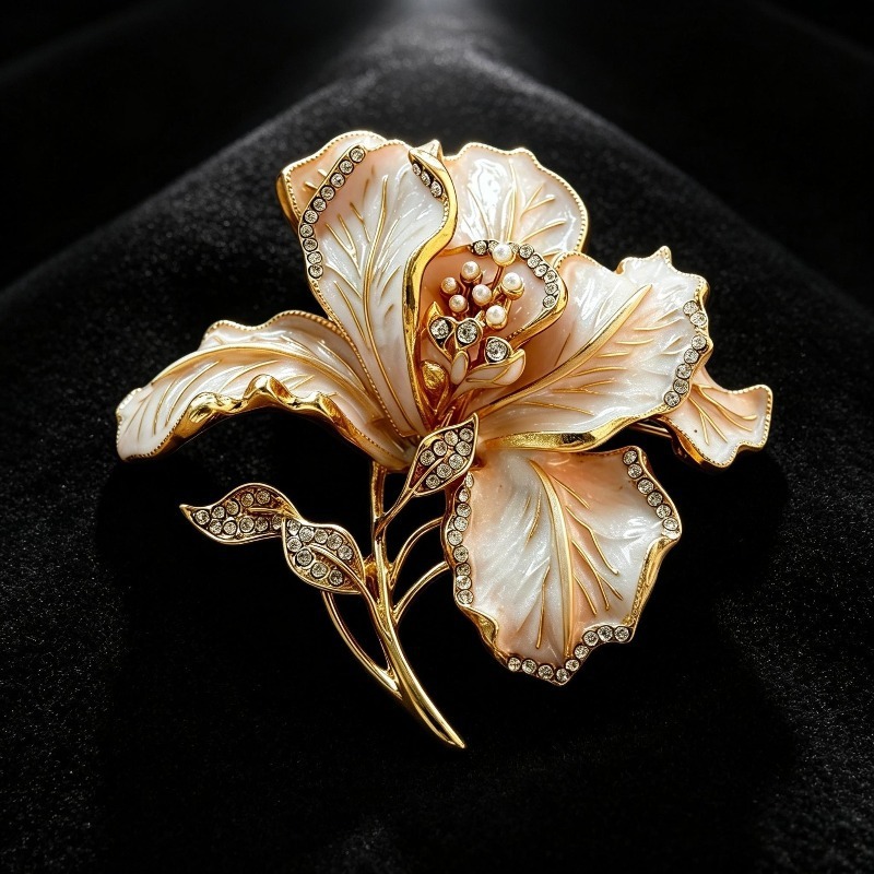 Vintage enamel floral brooch, high-end diamond-encrusted pearl flower pin, suitable for suits and outerwear, cross-border jewelry