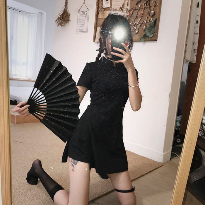 Two-piece Suit Pants Modified Cheongsam Black dress 2005 Summer New Fashion Retro Black Dress Trendy
