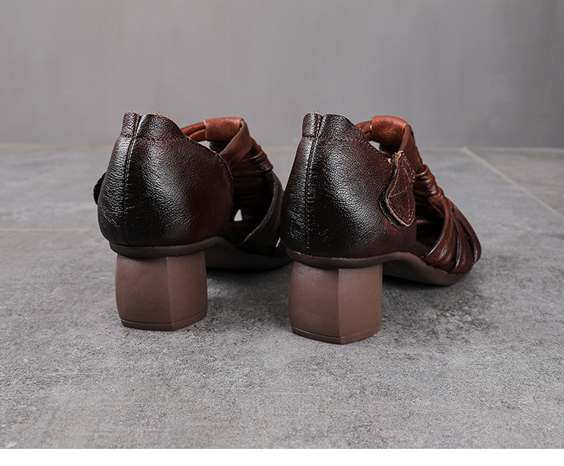 Sandal nữ quai ngang gót vuông ổn định, mũi tròn da bò thật, đế cao 5 cm — màu nâu chi tiết 15