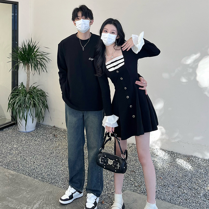 2024 봄 애호가 달콤한 튀김 거리 매일 니트 허리 기질 단어 스커트 주름 사각 칼라 스커트