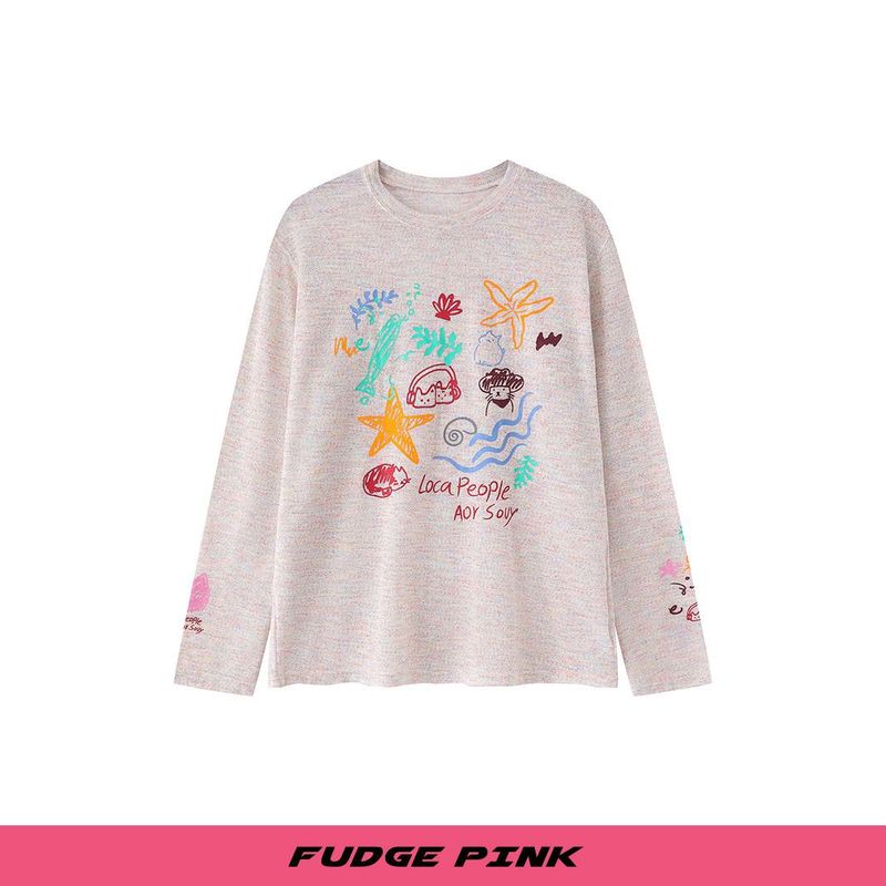 Fudge Pink 25秋季New甜美少女趣味图案宽松长袖T恤|undefined