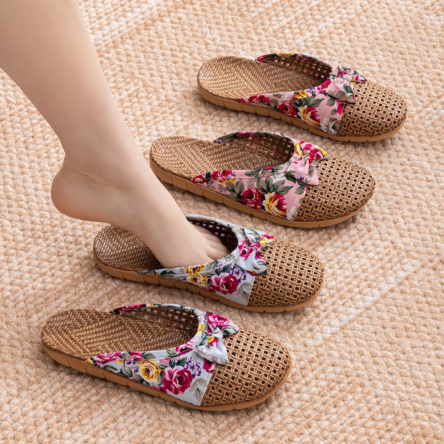 Pantofole estive da donna in lino intrecciato per interni, antiscivolo, con suola spessa, in rattan e paglia, per la casa._voghion.com