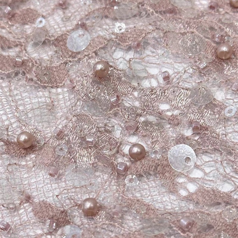 Tejido de bordado de encaje, tejido de bordado de cuentas, pequeño vestido de boda fresco, vestido de moda, tela