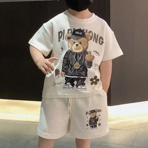 Boys' Summer Suit Set 2024 New Arrival Baby Cool Brat Style Honeycomb Fabric Clothes Trendy Children's Summer Short Sleeve Cartoon Fashion