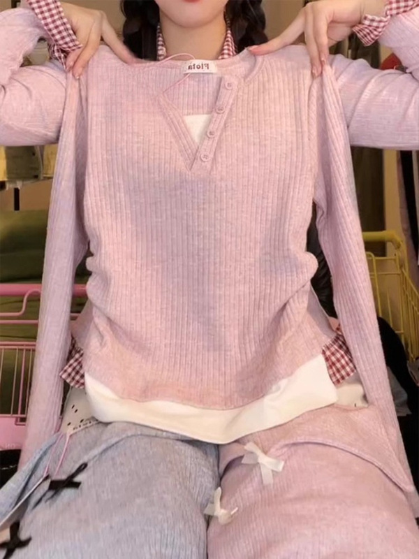 Pink Fake Two-Piece Henley Collar Long-Sleeved T-Shirt Women's 2025 New Early Autum Korean Style Lazy and Relaxed Top