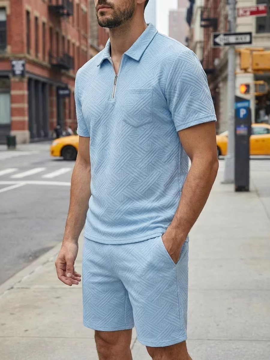 Zweiteiliges Herren-Set aus Waffelstrick, einfarbig, Sommer, Kurzarm, Shorts mit Tasche und Jacquard-Kragen._voghion.com