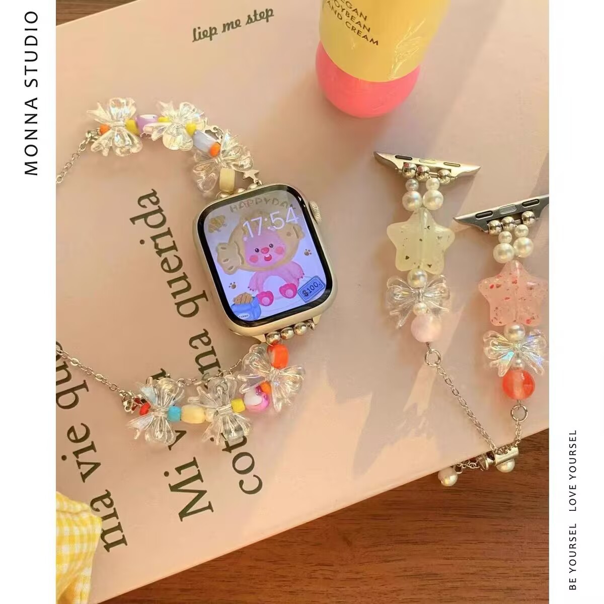 Cute Beaded Star Bow Bracelet Iwatch98765Se Strap Dopamine Women's Bracelet Watch Strap