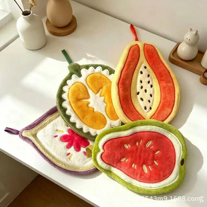 New Fruit-Themed Hand Towels: Guava, Durian, Papaya, Fig, Cute Coral Fleece Kitchen Hanging Towels, Gift Items