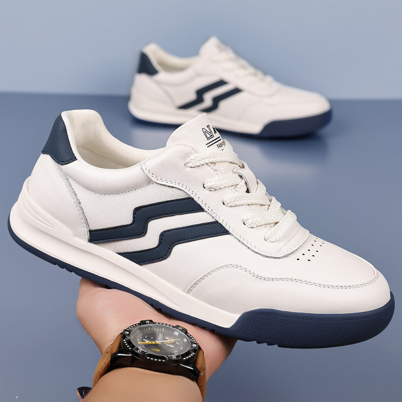 Giày sneaker nam da bò thật phối màu tương phản, cổ thấp, đế bệt — Màu trắng, Màu đen