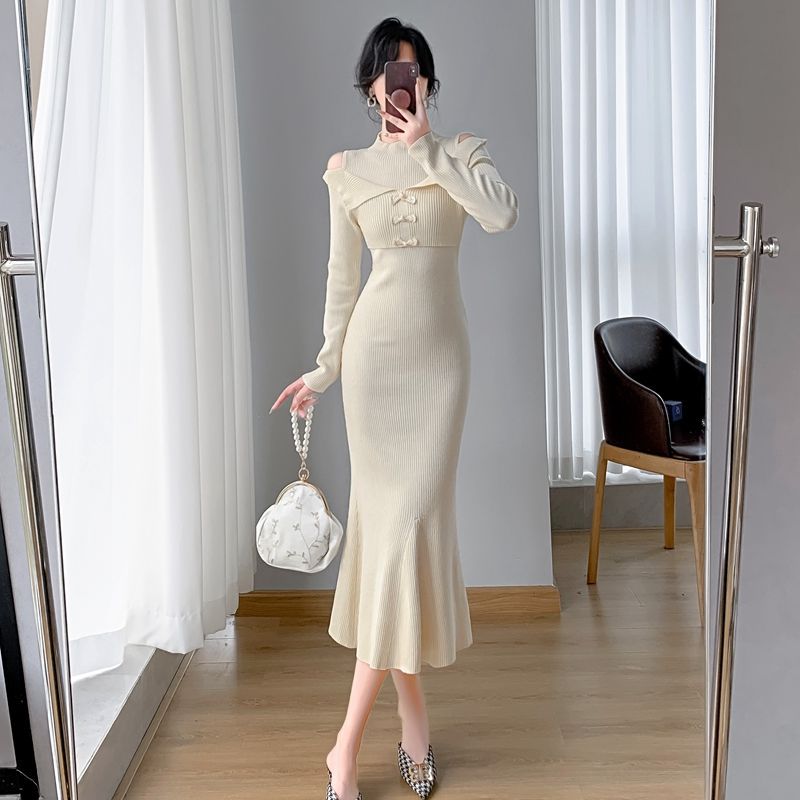 Autumn and Winter New Chinese Style Improved Cheongsam Slim Fit Bottoming Fishtail Knitted Dress for Women