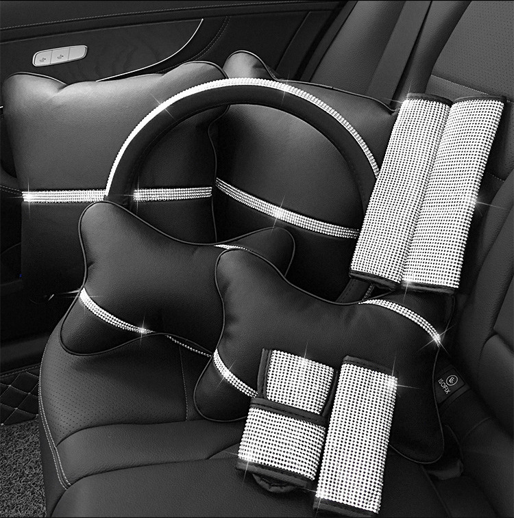 Car Interior Accessories Small Set with Rhinestones, Handbrake Cover, Gear Shift Cover, Seatbelt Shoulder Pad Decoration, Suitable for All Seasons, Summer, Women