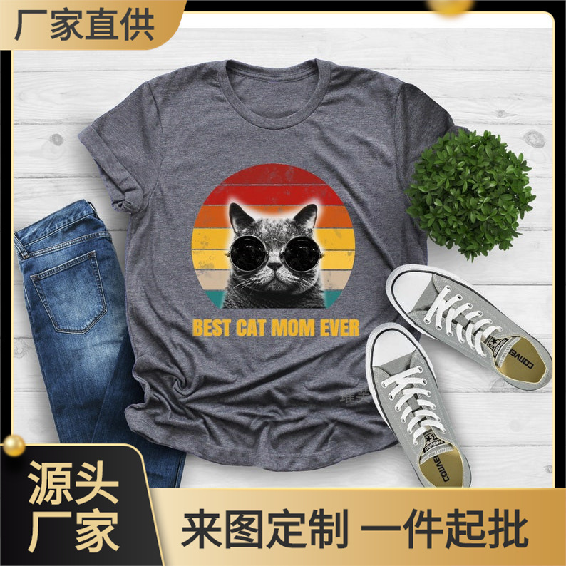 European and American New Style Foreign Trade Mother's Day Cat Mom Cat Print Pattern Women's Short-Sleeve T-Shirt Top