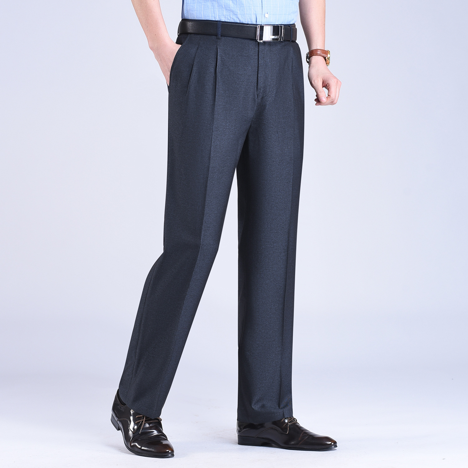 Pantalones de traje plisados dobles de verano delgados de mediana edad y ancianos de cintura alta pantalones de traje formal informal de negocios sueltos pantalones de traje sin planchar image 5