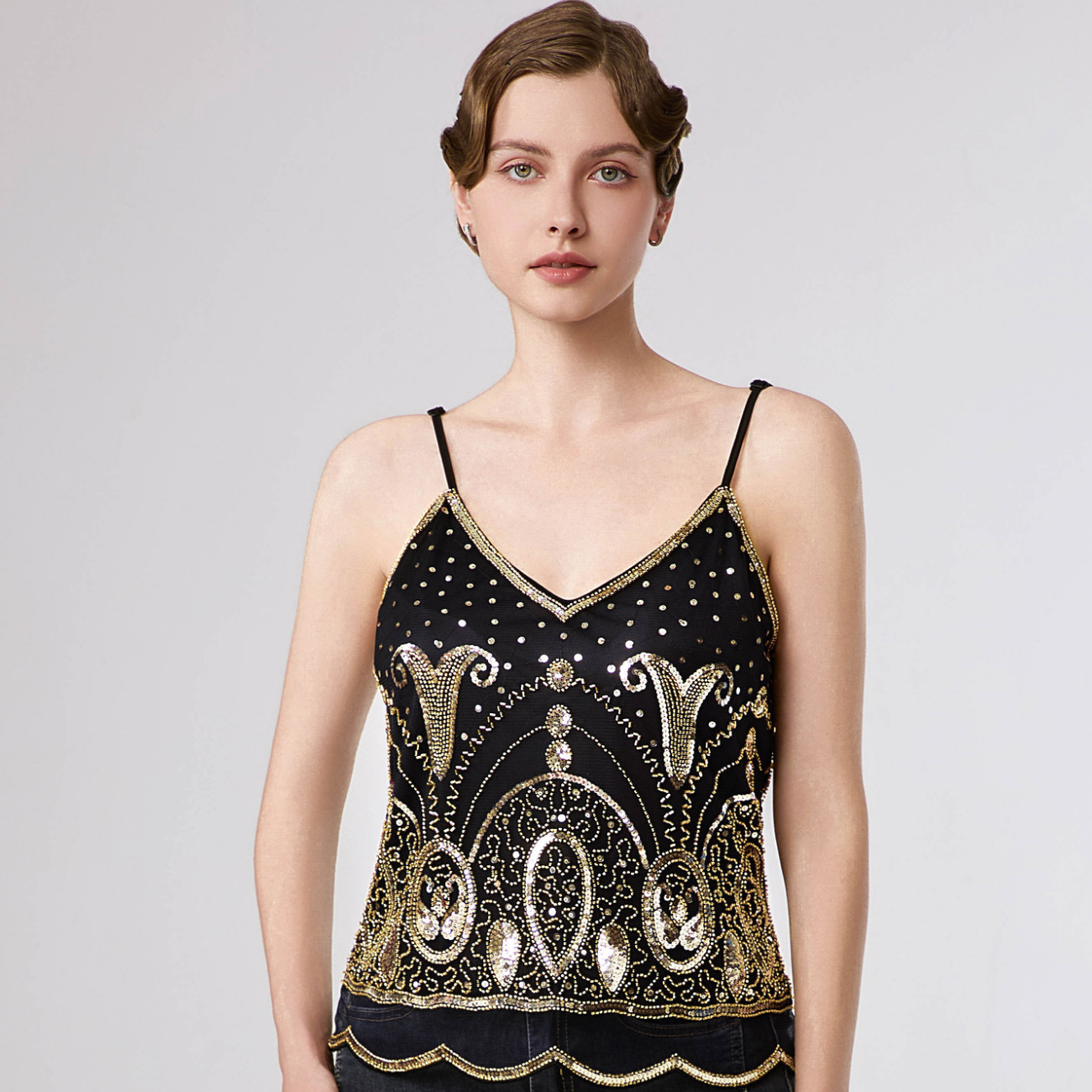 亮片吊带背心1920s复古盖茨比百搭修身V领钉珠无袖上衣亚马逊跨境
