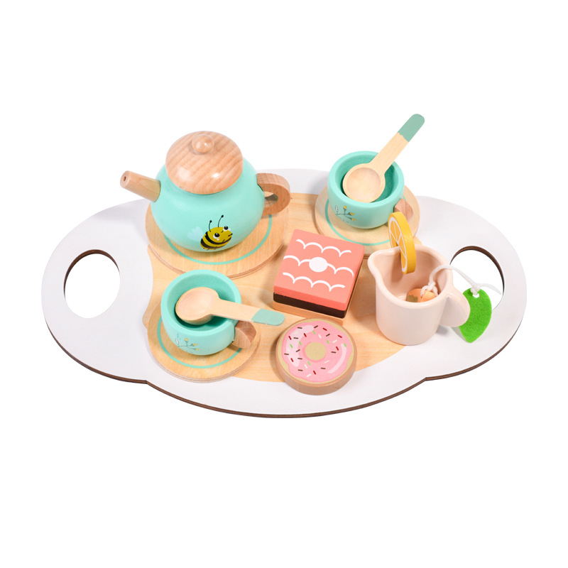 Té de la tarde para niños, juegos de mesa, postres de simulación, venta de pasteles, tetera, taza, juego de té, combinación de juguetes de madera