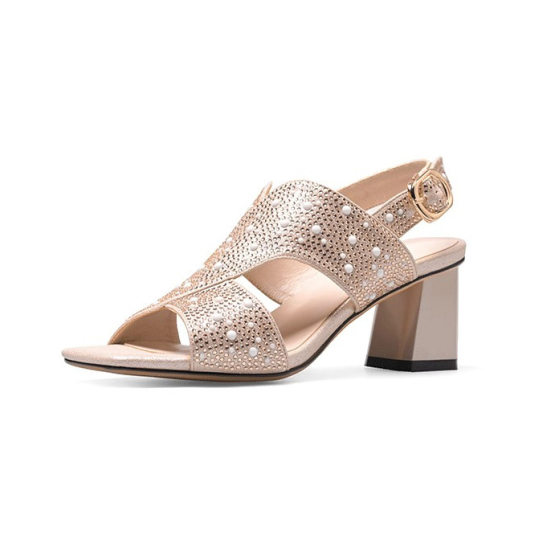 Rhinestone Open Toe Strap Sandals Mid-heel Sandals Thick Heel 2024 Summer New Fashionable All-match Square Toe Women's High Heel