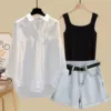 1303 black vest + white shirt + blue shorts