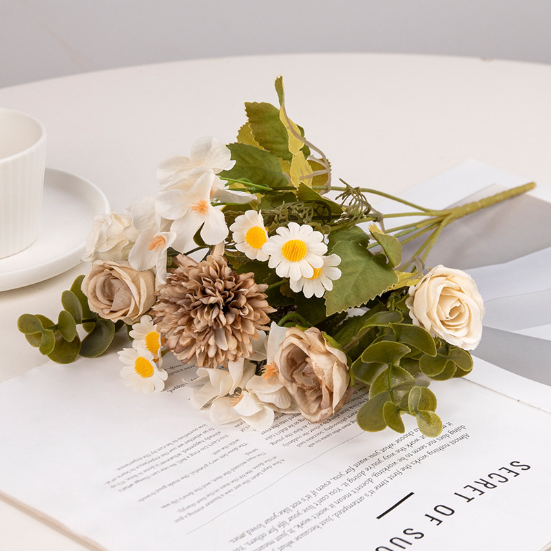 Flor artificial, color otoñal, retro, manguito pequeño, manguito, hortensia de 7 tenedores, arco de boda de rosas, decoración de flores de guía de carreteras, manzanilla de flores falsas