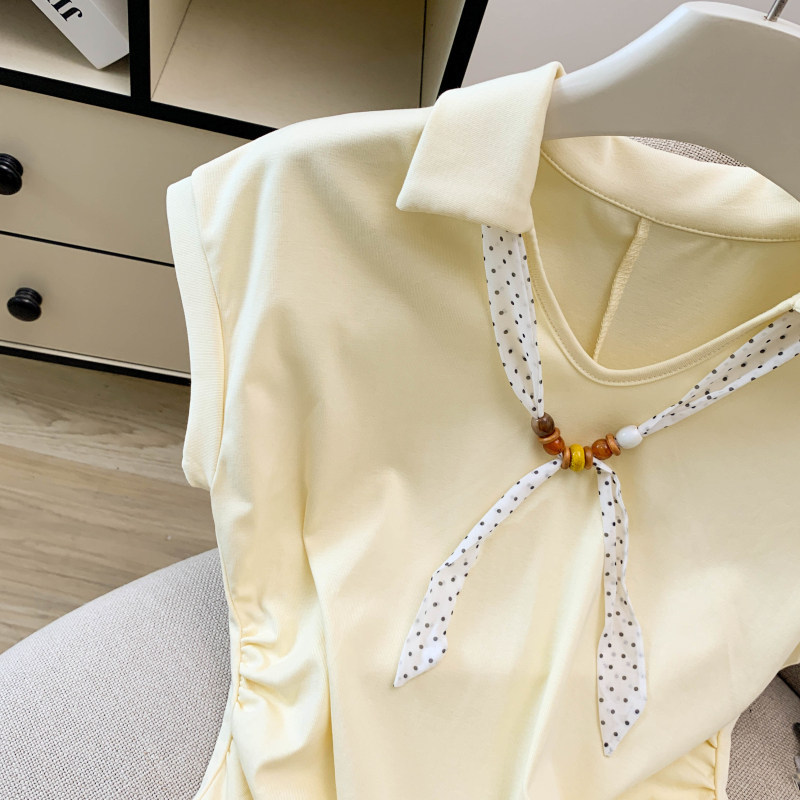 Áo thun polo nữ tay ngắn cổ bẻ kèm khăn lụa phong cách Pháp — màu trắng chi tiết 21