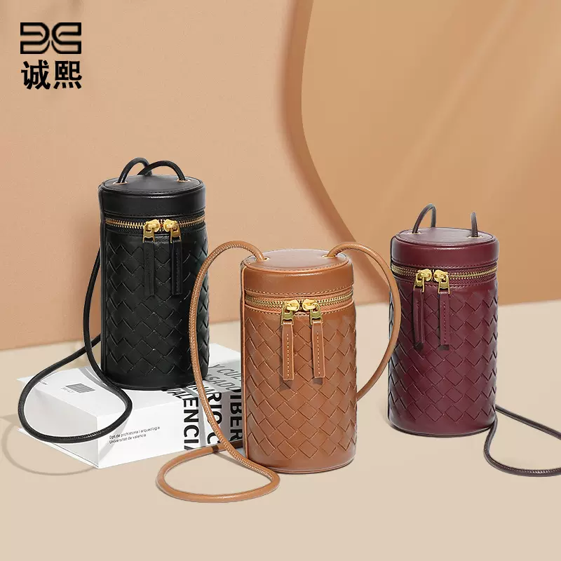 时尚简约纯色圆筒包新款百搭手工编织包包迷你可爱单肩斜挎手机包