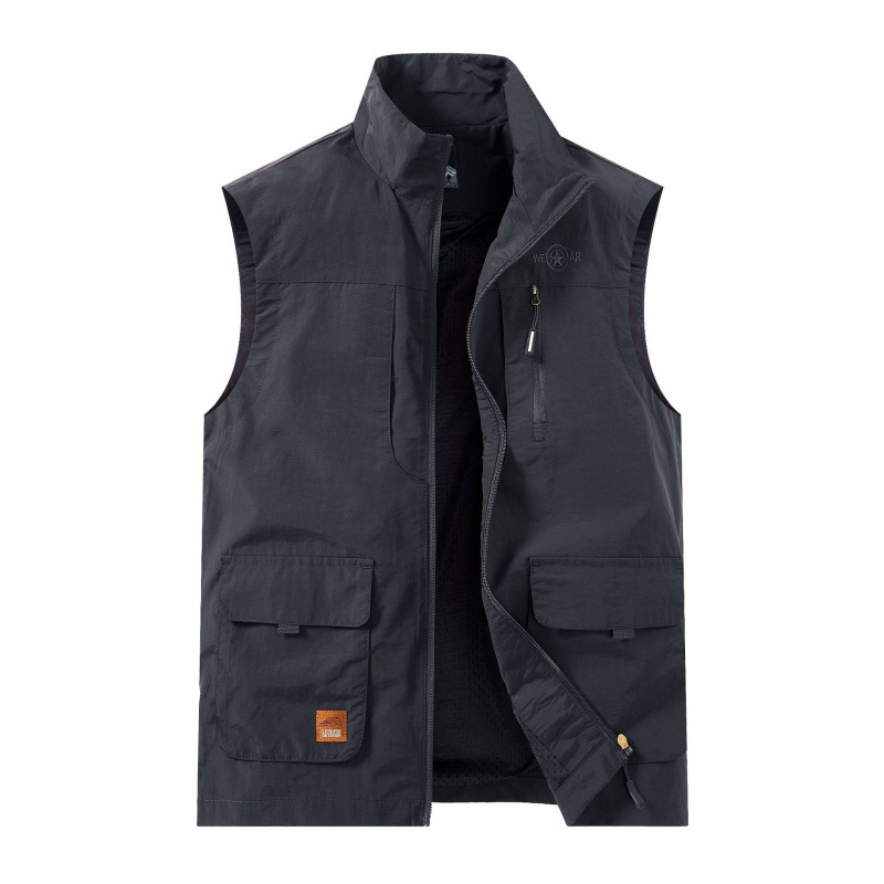 Chaleco de cuello alto para hombre primavera y otoño pesca al aire libre de mediana edad y ancianos con múltiples bolsillos chaleco cálido chaqueta de moda