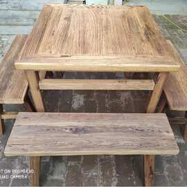 北方老榆木八仙桌榆木民宿风餐桌明清仿古新中式庭院家用禅意桌凳