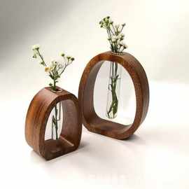 办公室桌面木质插花器新款带玻璃导管水培器实木居家装饰花器摆件