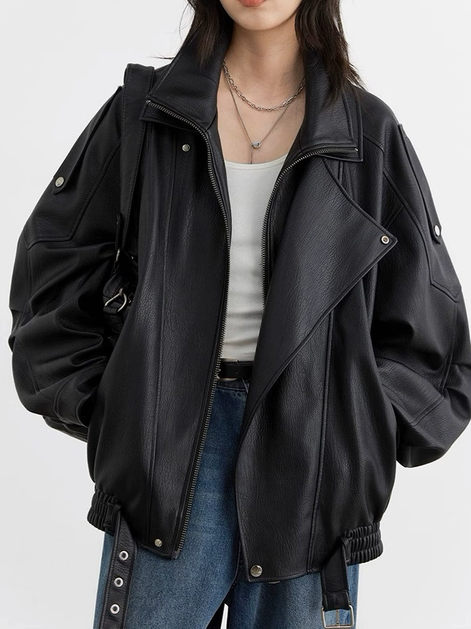 Retro polyurethane jacket, autumn, oversized fit, elastic hem, brown & black