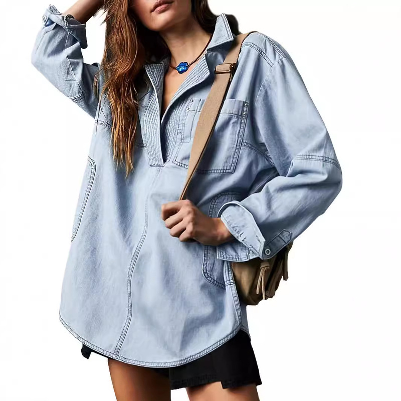 Independent Station Cross-border Denim Jacket New European and American Long-sleeVed Jacket V Neck Fashion Design Casual Jacket