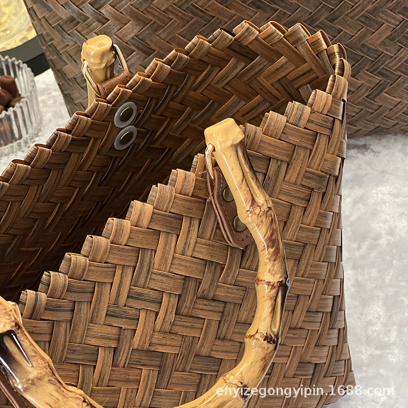 Straw bamboo woven retro beach basket, shoulder bag, custom-made, french style