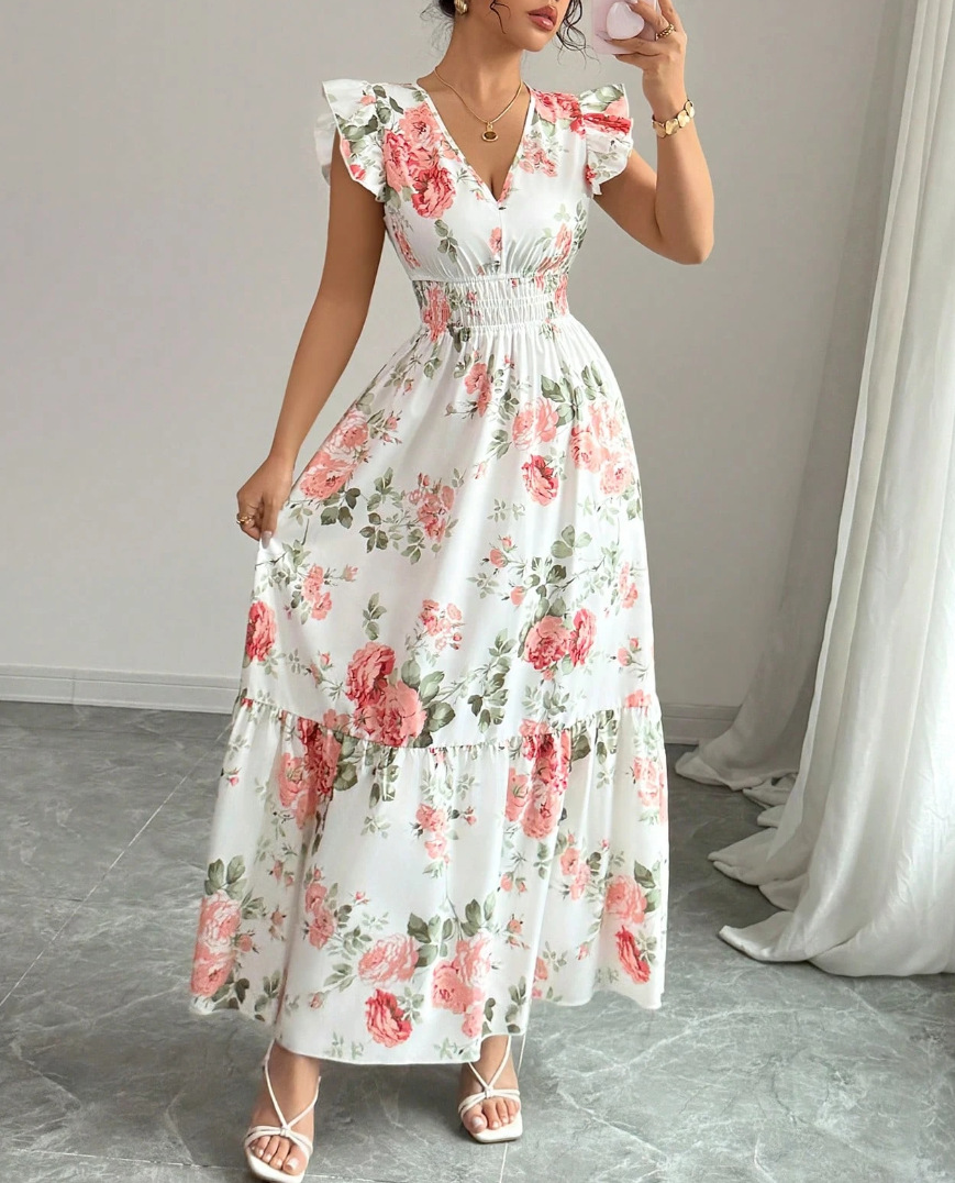 Women's Clothing Elegant Ladies Floral Print Hem Long Clothing_ecoleips.com