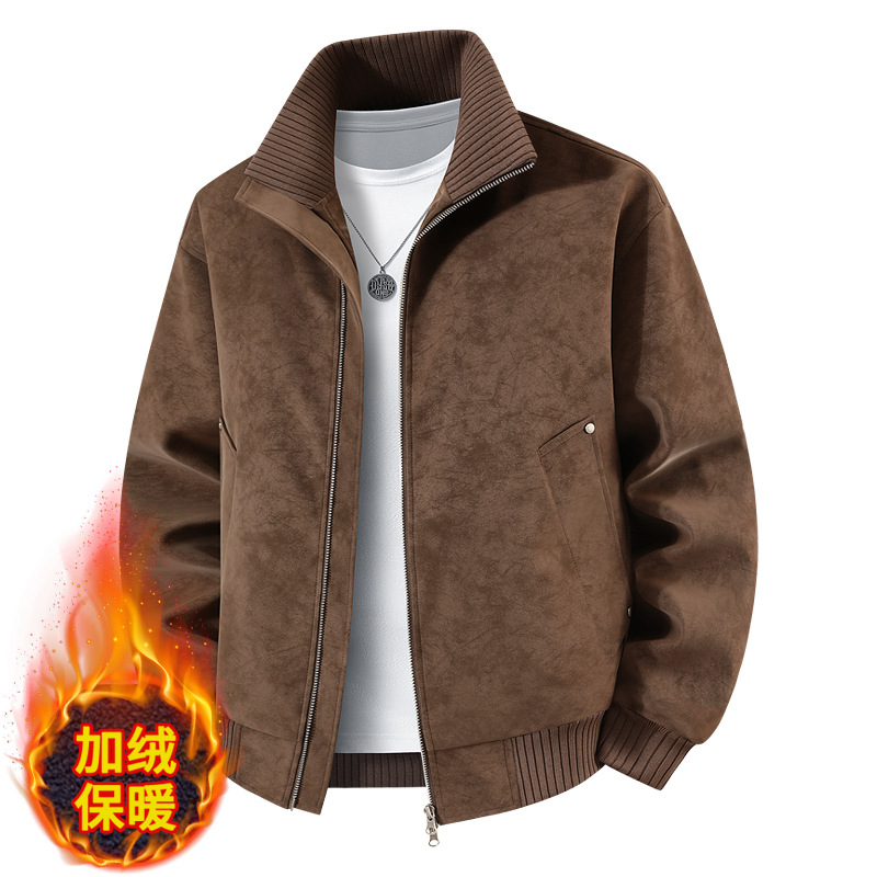 Foreign trade source men's clothing autumn and winter new style men's jacket fleece-lined PU slim fit leather coat stand collar youth clothing